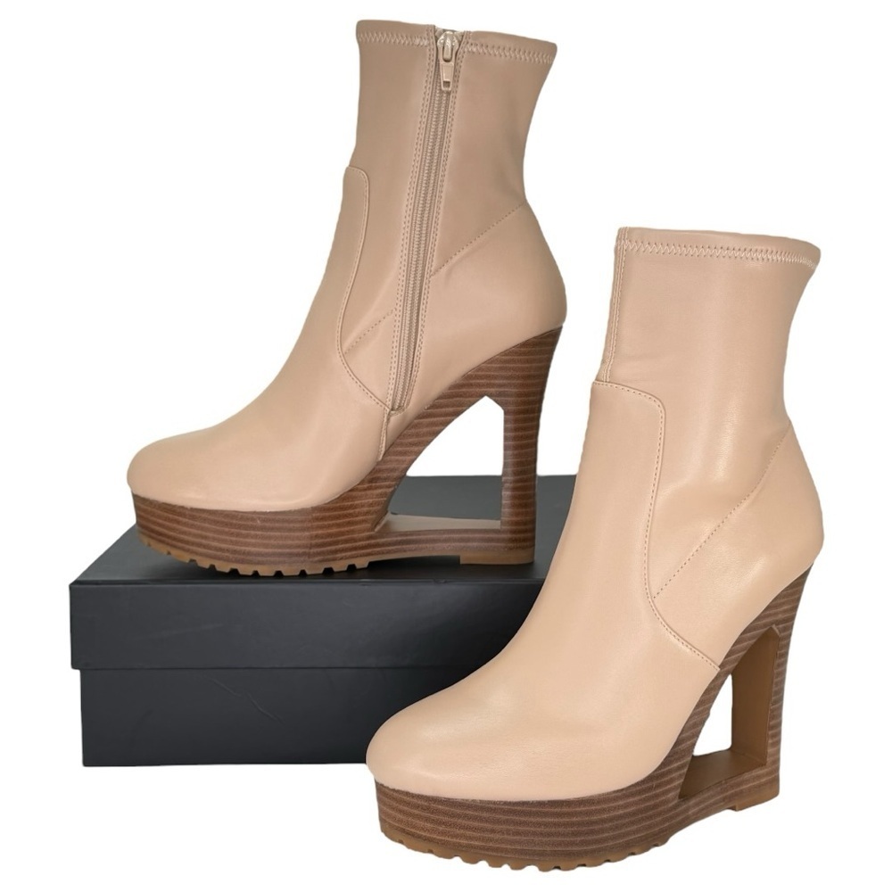 Aminah Ava Tan Faux Leather Heeled Womens Sock Booties Size 8.5M